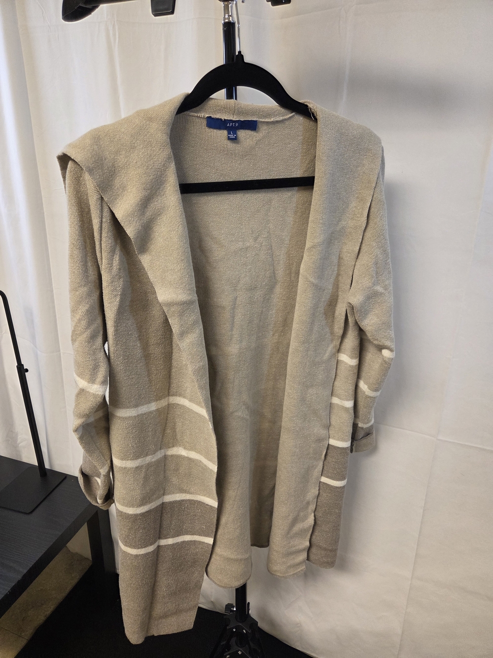 Apt. 9 Women's Hooded Open-Front Beige Striped Cardigan